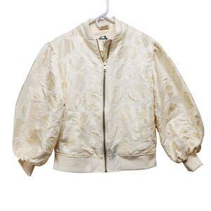 Future Collective Size XXS Cream Textured Floral Bomber Jacket Puff Sleeves